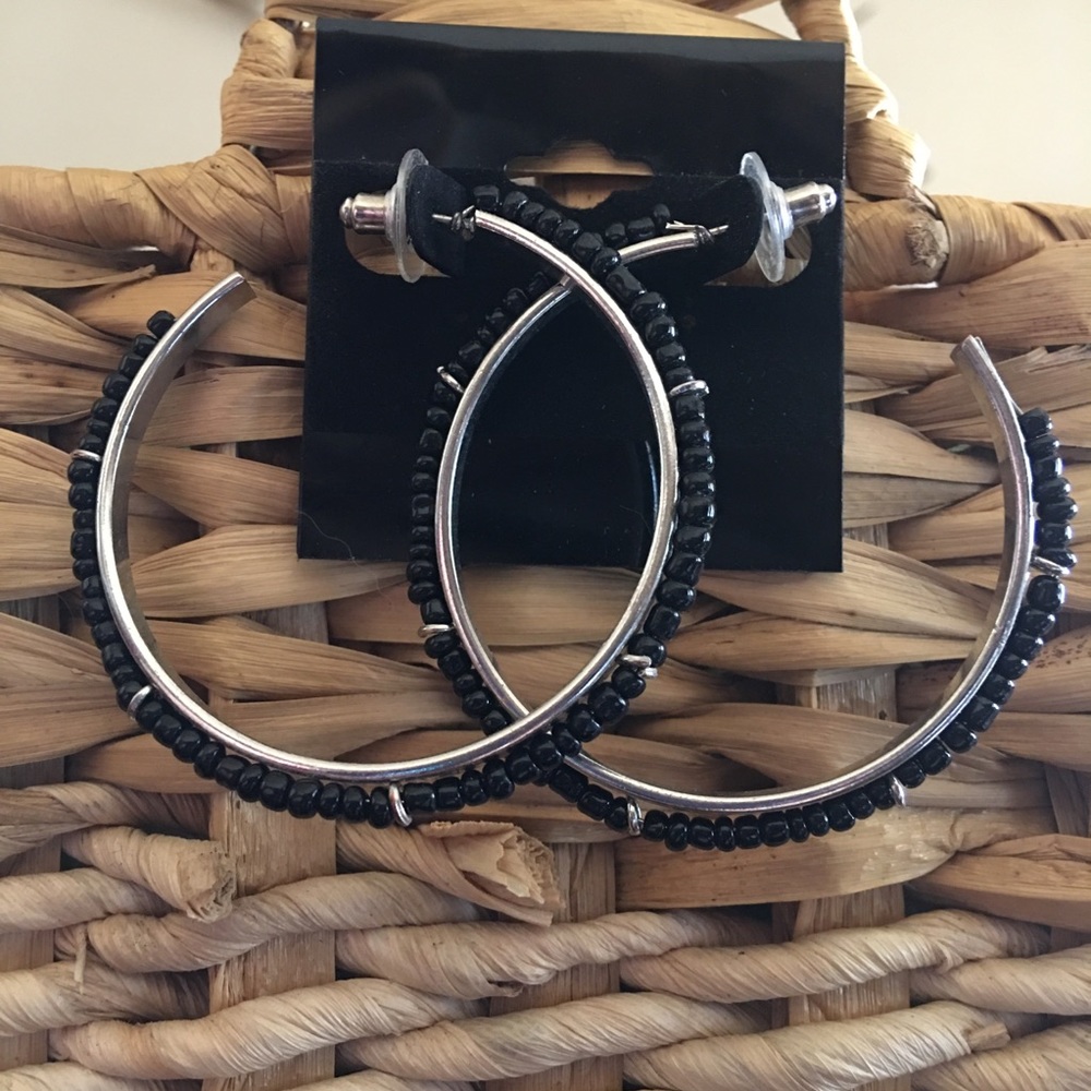 Black seed bead silver tone large hoop earrings
